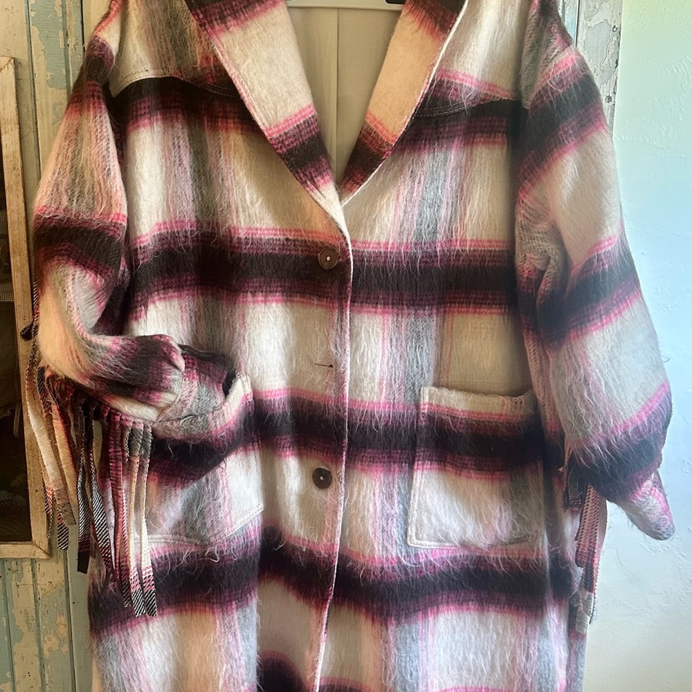 Free People Bali Pressley Wool long Duster coat fringe plaid - Picture 3 of 15